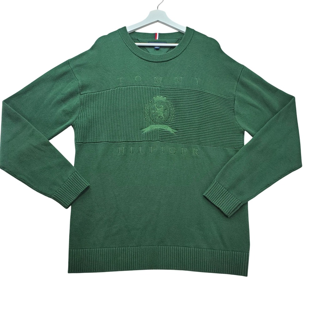 Tommy Hilfiger Sweater Mens Large Green Crest Embroidered Cotton Crew Cabin